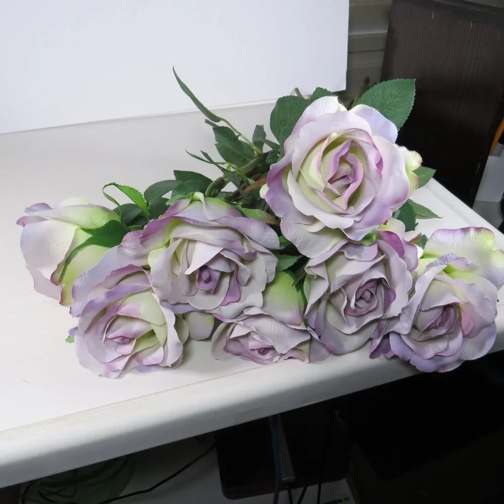 Lavender Purple Roses (7) single long stem silk flowers with soft fabric petals
